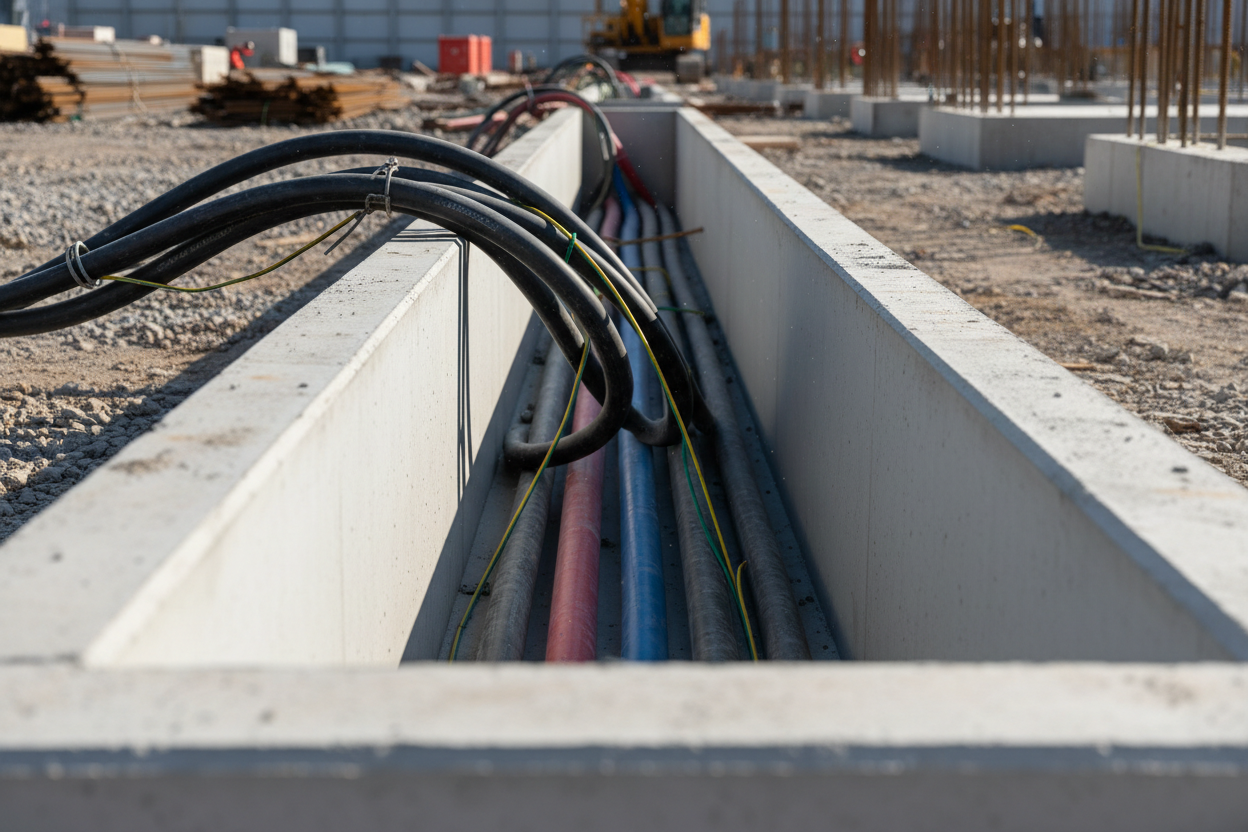 A real concrete cable trough with cables