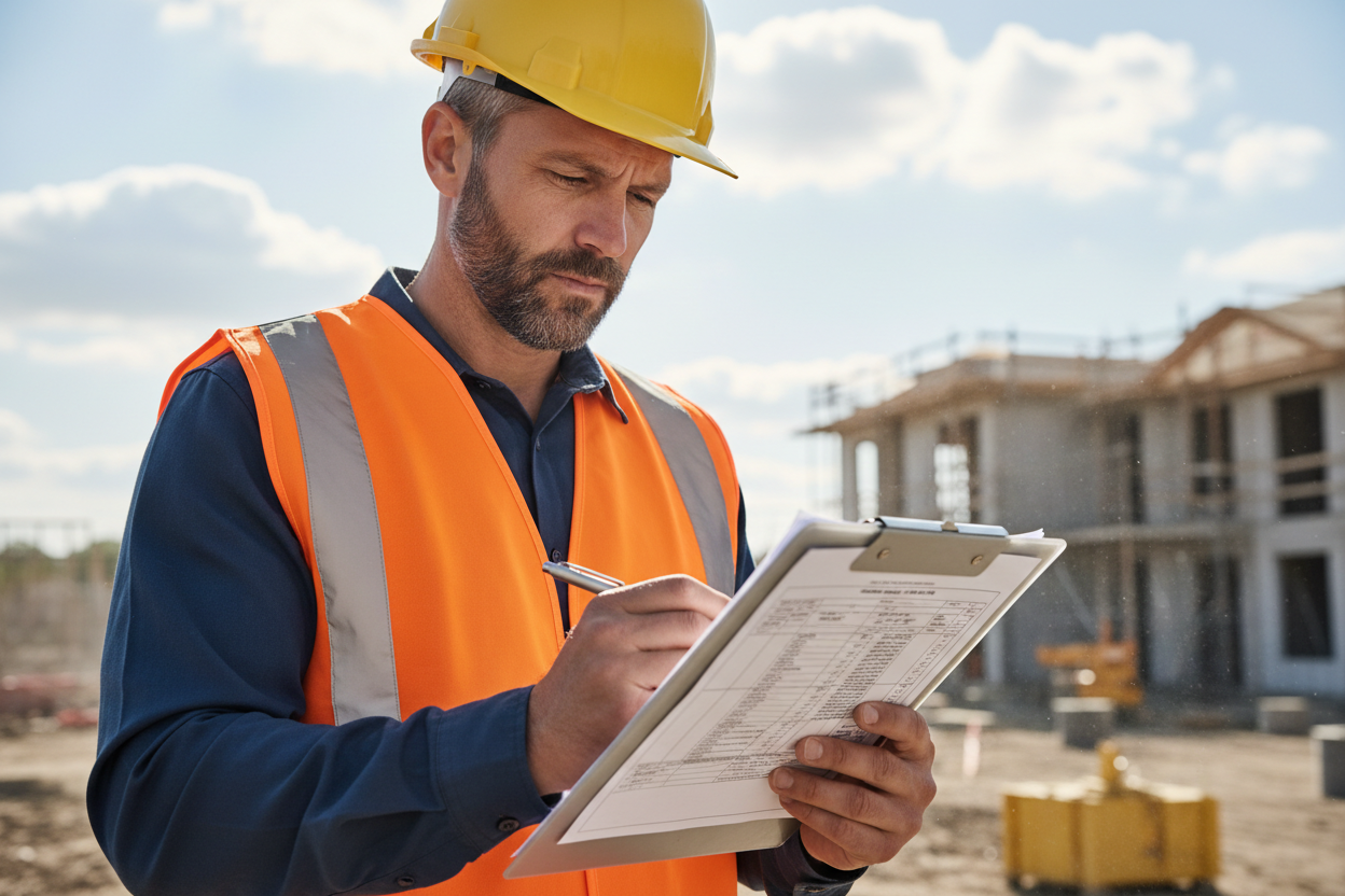 builder looking down at clipboard